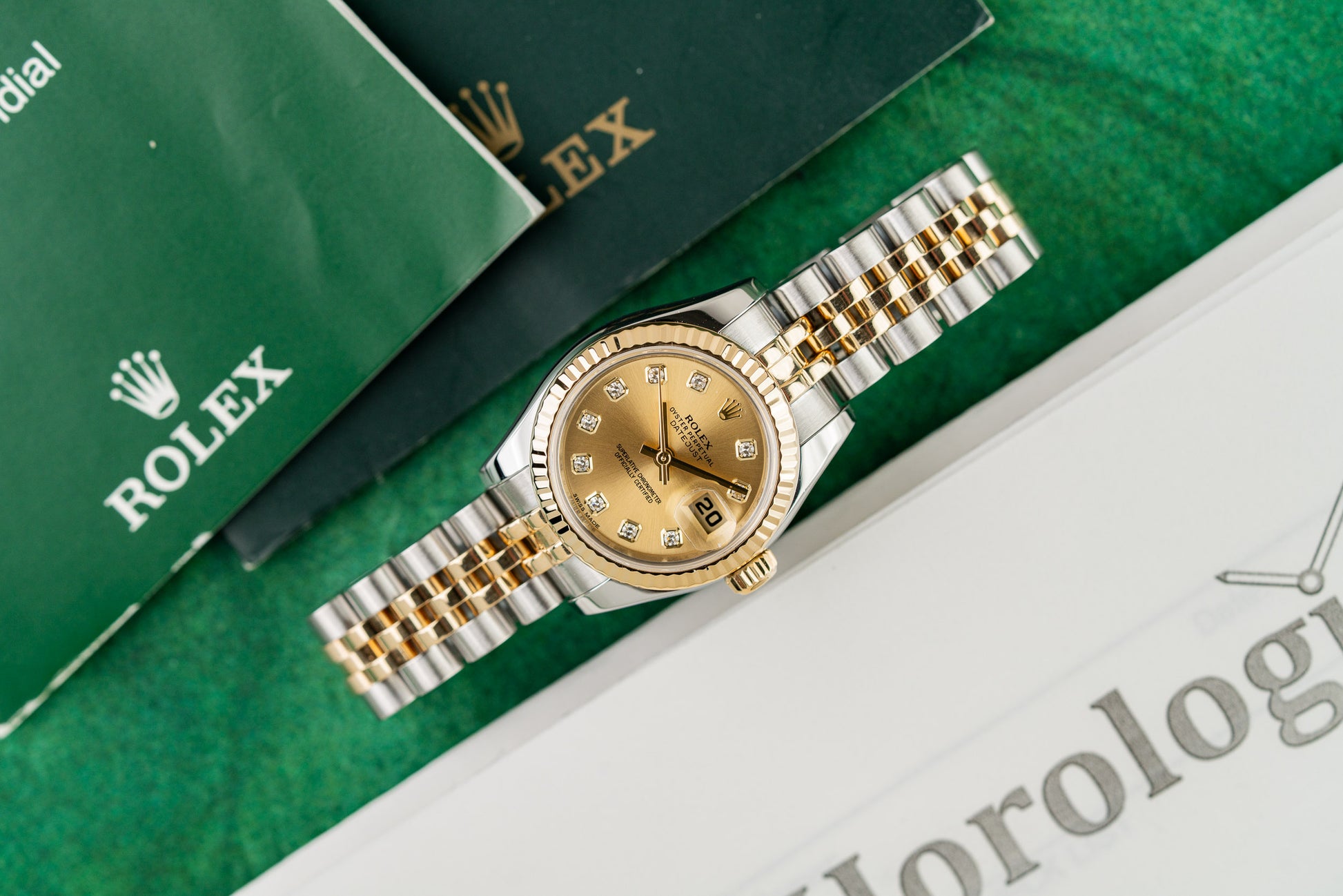 Rolex Lady-Datejust 26 179173 Champagne Diamond Dial Yellow Gold Fluted Bezel Case - The Watch Business Sydney CBD