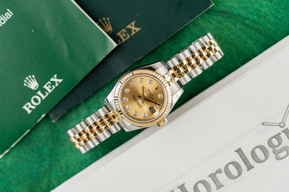 Rolex Lady-Datejust 26 179173 Champagne Diamond Dial Yellow Gold Fluted Bezel Case - The Watch Business Sydney CBD
