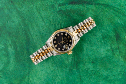 Rolex Lady-Datejust 26 69173 Black Diamond Dial Two Tone Yellow Gold 1984 - The Watch Business Sydney