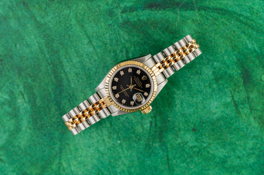 Rolex Lady-Datejust 26 69173 Black Diamond Dial Two Tone Yellow Gold 1984 - The Watch Business Sydney