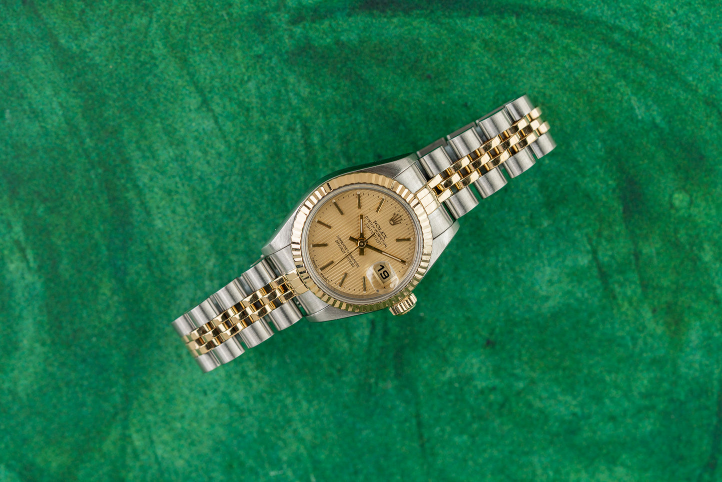 Rolex Lady-Datejust 26 69173 Champagne Tapestry Dial Two Tone Yellow Gold 1996 - The Watch Business Sydney