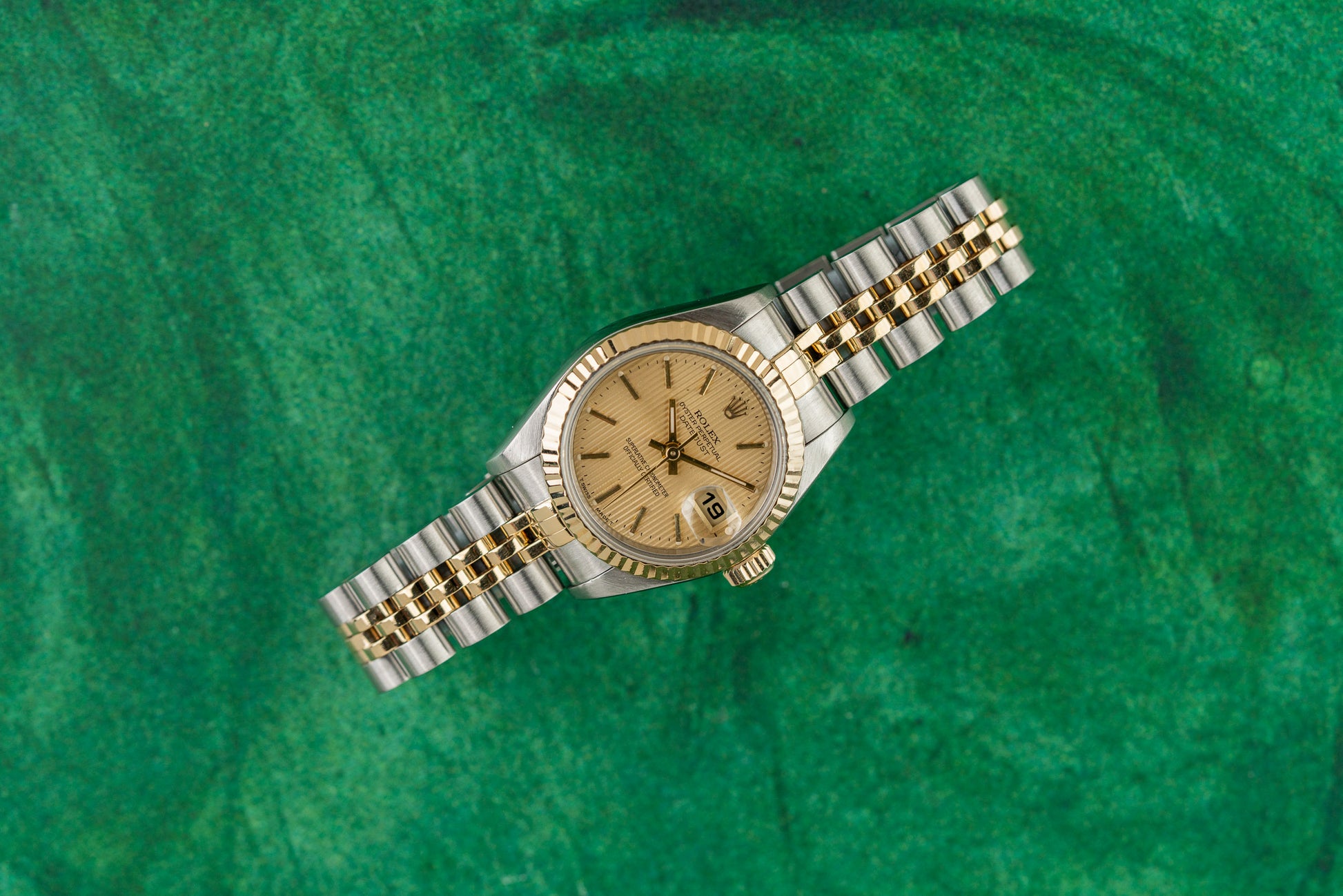 Rolex Lady-Datejust 26 69173 Champagne Tapestry Dial Two Tone Yellow Gold 1996 - The Watch Business Sydney