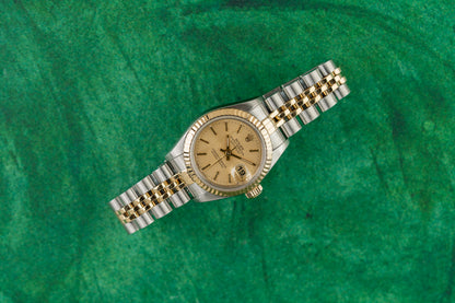 Rolex Lady-Datejust 26 69173 Champagne Tapestry Dial Two Tone Yellow Gold 1996 - The Watch Business Sydney