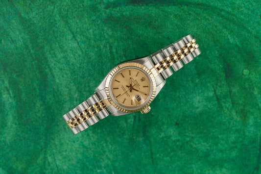 Rolex Lady-Datejust 26 69173 Champagne Tapestry Dial Two Tone Yellow Gold 1996 - The Watch Business Sydney