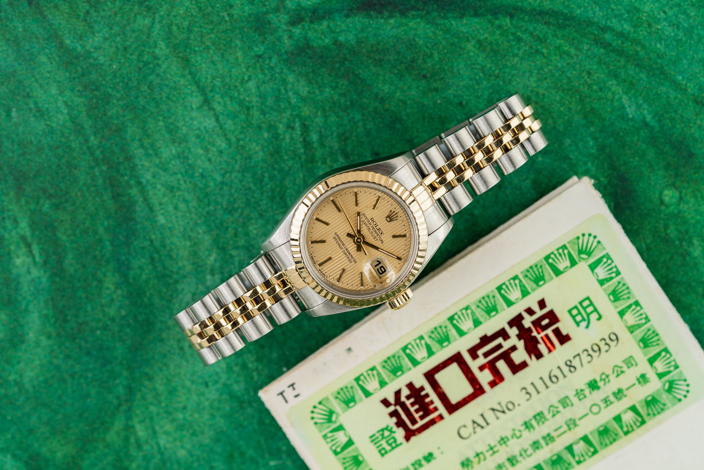 Rolex Lady-Datejust 26 69173 Champagne Tapestry Dial Textured Linen Finish - The Watch Business Sydney