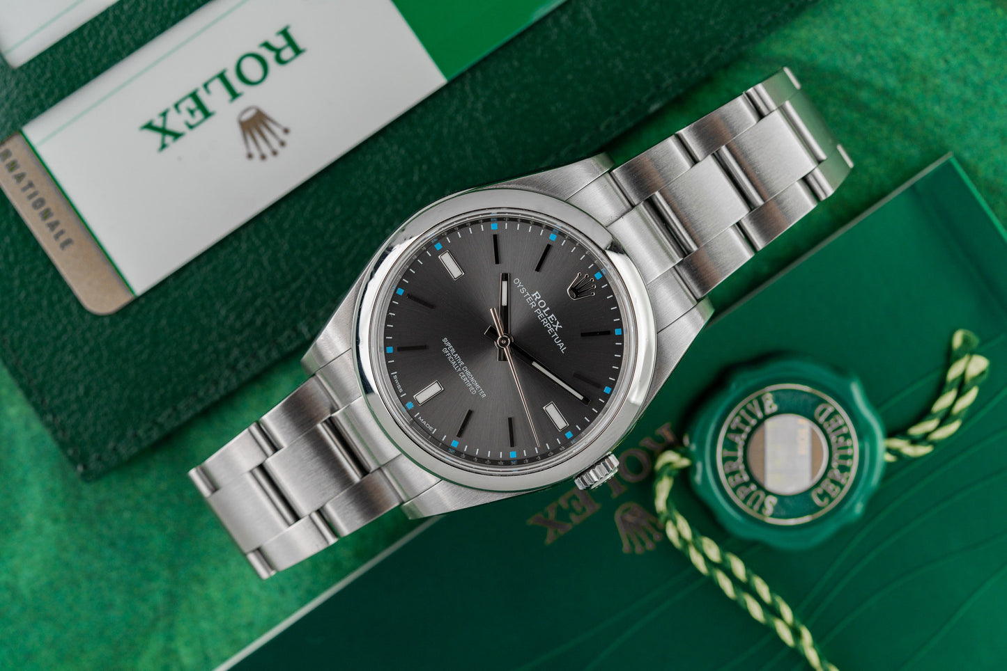 Rolex Oyster Perpetual 39 Rhodium Dial 114300 Stainless Steel 2016 Model dial close-up - Pre-Owned Sydney