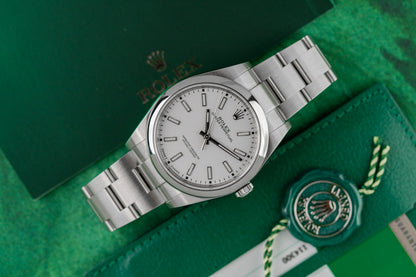 Rolex Oyster Perpetual 39 White Dial 114300 dial close-up - Pre-Owned Sydney