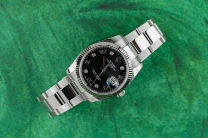 Rolex Oyster Perpetual Date 115234 Black Arabic Diamond Dial Stainless Steel 2018 - The Watch Business Sydney