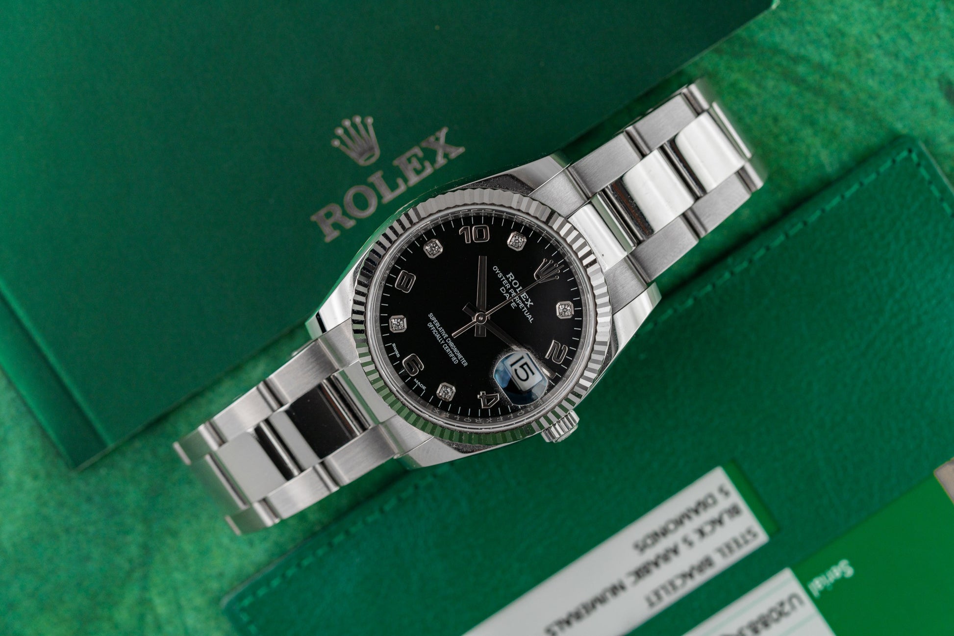 Rolex Oyster Perpetual Date 115234 Black Arabic Diamond Dial Diamond Hour Markers - The Watch Business Sydney
