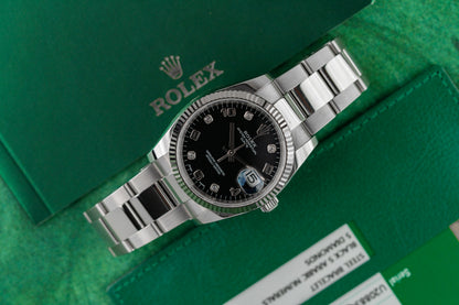 Rolex Oyster Perpetual Date 115234 Black Arabic Diamond Dial Diamond Hour Markers - The Watch Business Sydney