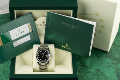 Rolex Oyster Perpetual Date 115234 Black Arabic Diamond Dial Oyster Stainless Steel Bracelet - The Watch Business Sydney