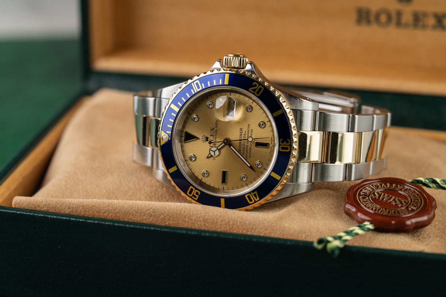 Rolex Submariner Date 16613 Champagne Serti Dial Diamond and Sapphire Markers - The Watch Business Sydney