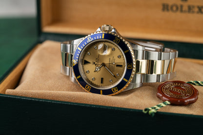 Rolex Submariner Date 16613 Champagne Serti Dial Diamond and Sapphire Markers - The Watch Business Sydney