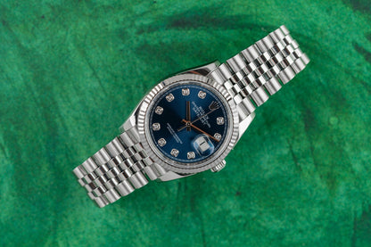 Rolex Datejust 36 126234 Blue Diamond Dial Stainless Steel Fluted Bezel 2024 - The Watch Business Sydney