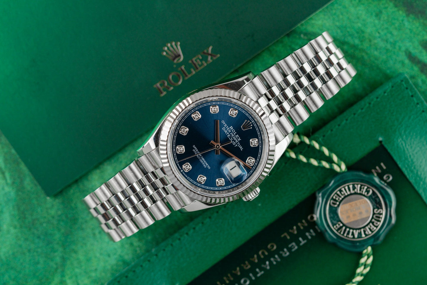 Rolex Datejust 36 126234 Blue Diamond Dial Close-Up with Rolex Box - The Watch Business Sydney